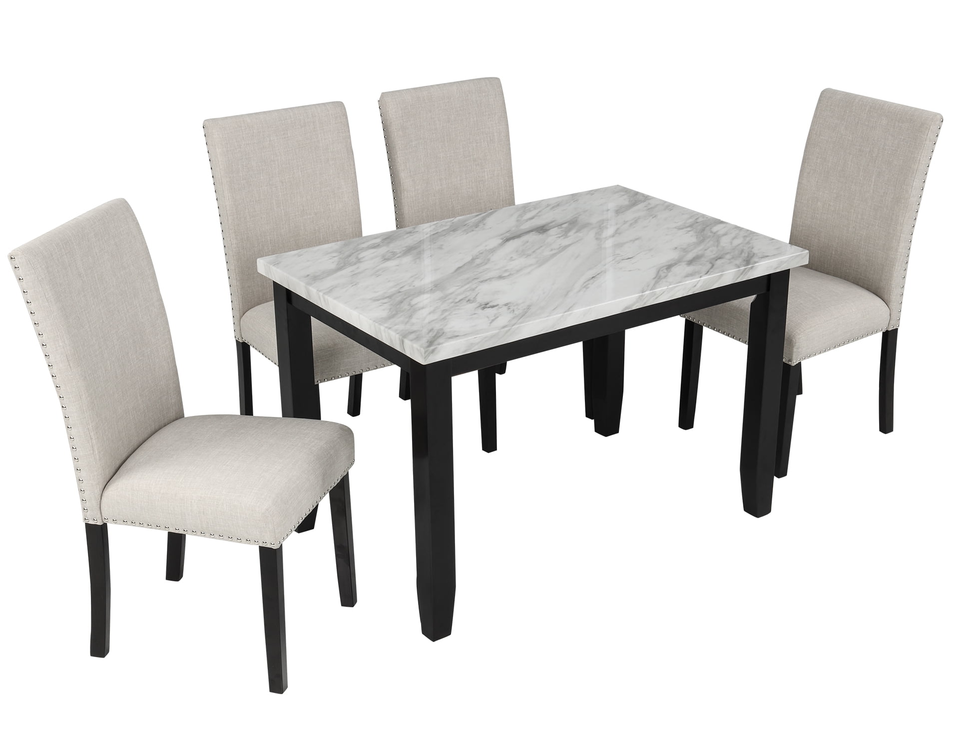 Retro Faux Marble 5-Piece Dining Set Table with 4 Thicken Long Back ...