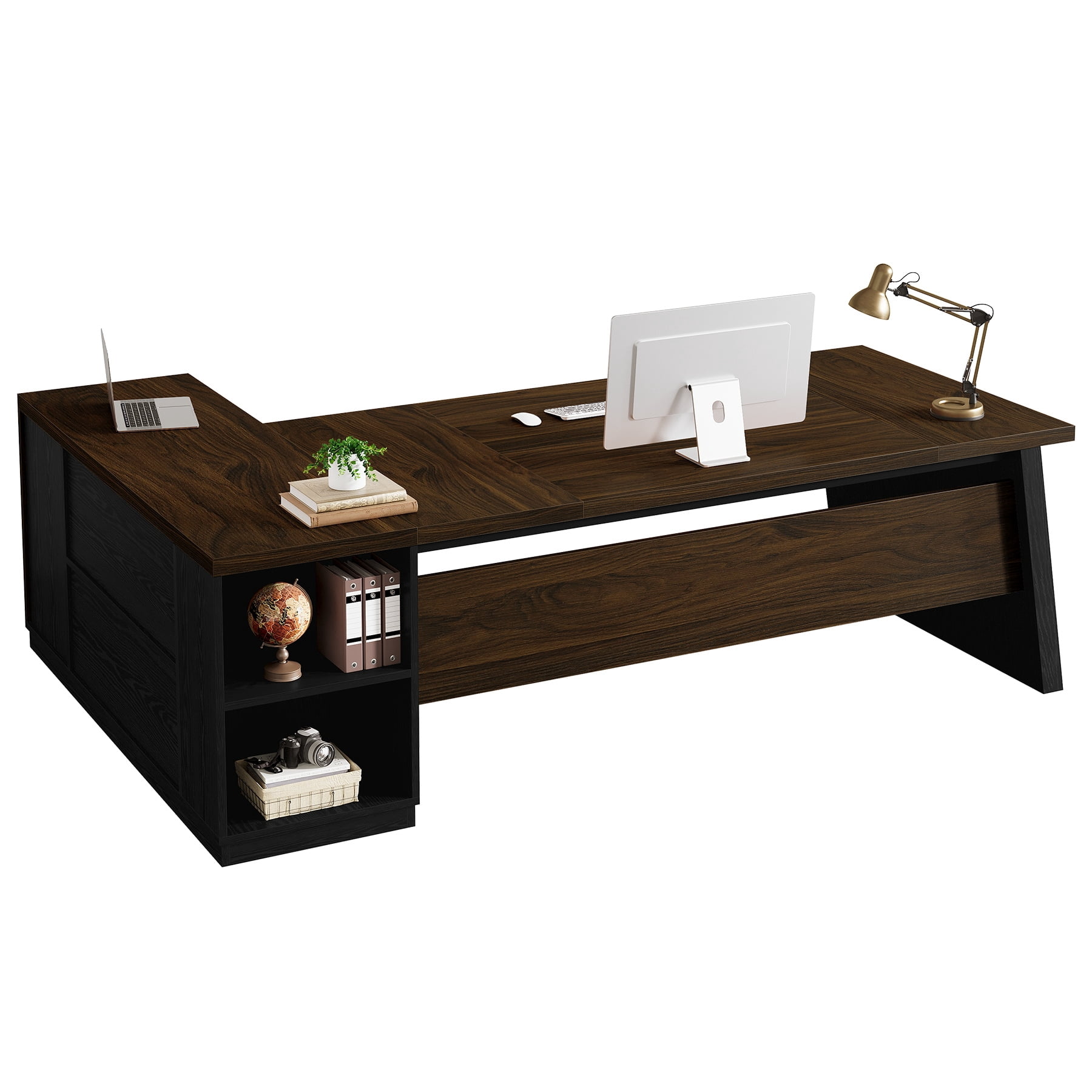 Fnova 77" Large L-Shaped Executive Office Desk with File Drawers and Storage Shelves, Modern Computer Desk Writing Desk for Home Office
