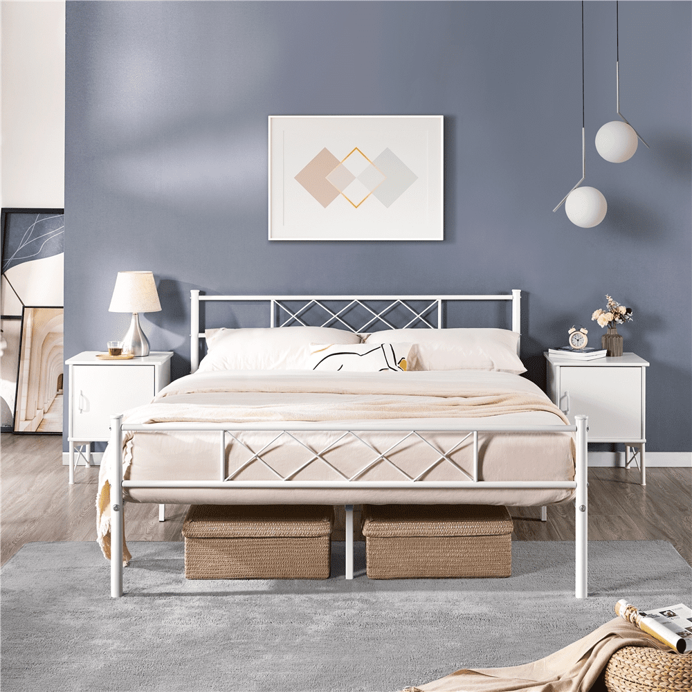 Fullfurnique Simple Metal Platform Bed Frame with Headboard and Footboard, Twin, White