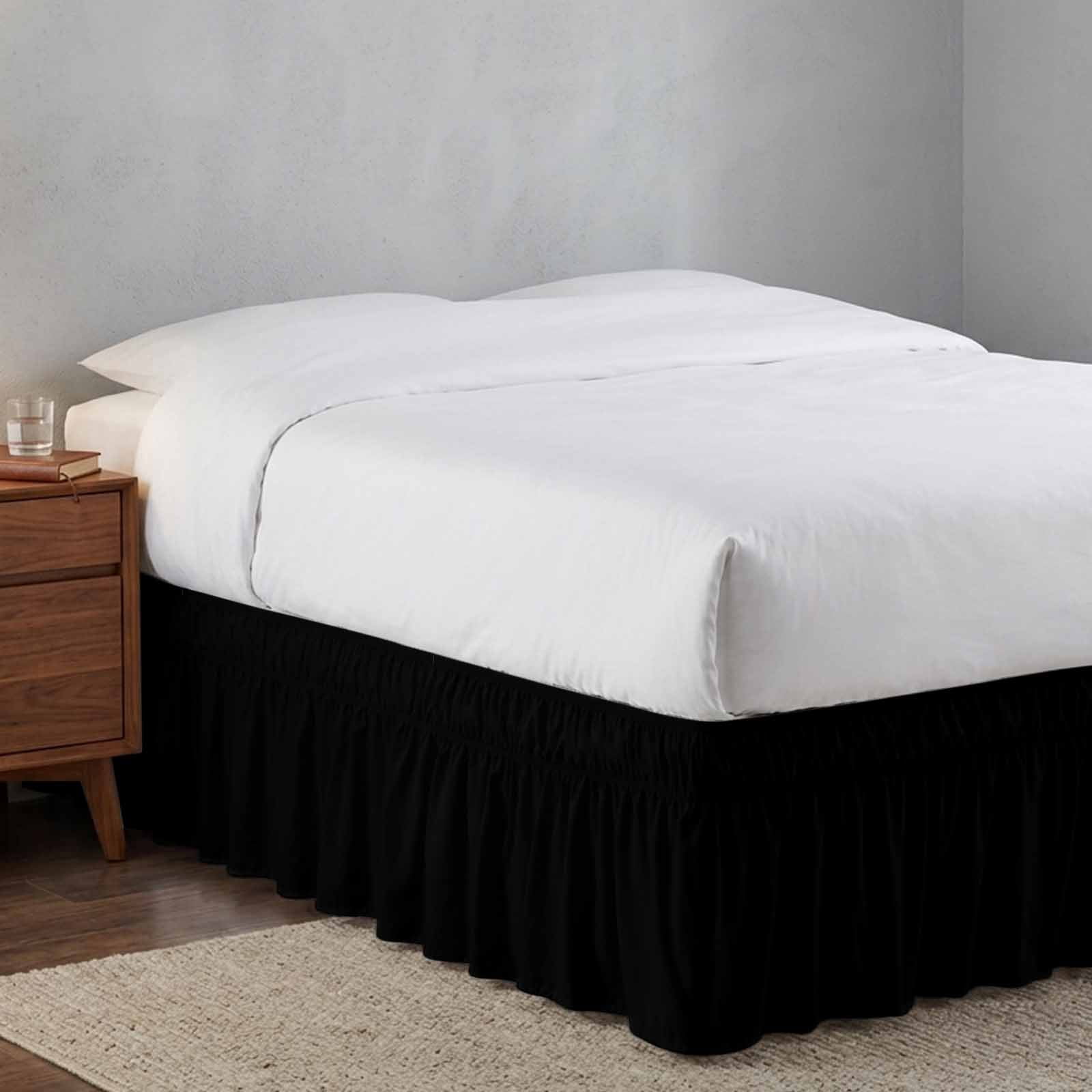 Bed Skirt Black Adjustable Elastic Wrap-Around Dust Ruffle with Solid Color 16 Inch Drop, Bed Frame Cover for King Size Bed