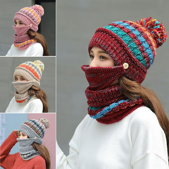 3Pcs/Set Womens Pom Beanie Hat Scarf Set Girls Cute Winter Ski Hat Slouchy Knit Skull Cap with Fleece Lined