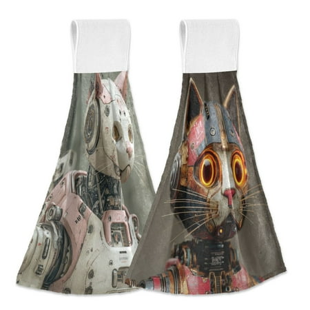 Different Design 2pcs Loop Hanging Bathroom Kitchen Hand Towel The Robot Cat Robot Cat