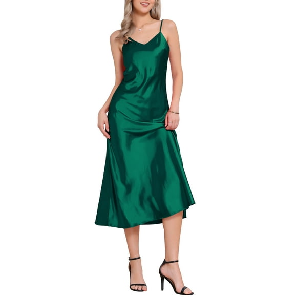 CURVOSPORT Vestido de Satén para Mujer con Tirantes Espagueti y Escote en V, Elegante Vestido Maxi Deslizante XS Azul Pavo Real