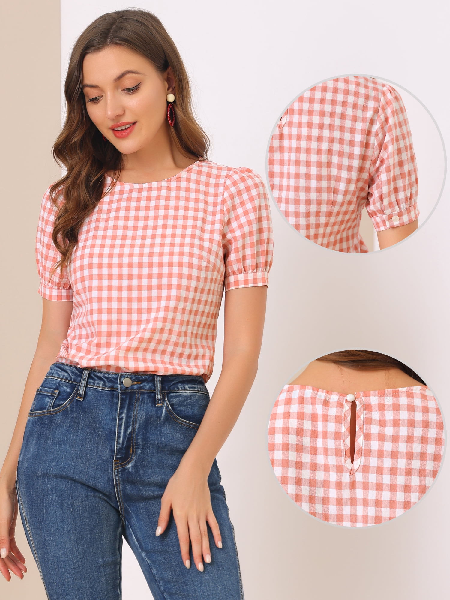 DARING DIVA Women's Gingham Crew Neck Puff Short Sleeve Blouses 3XL Watermelon Pink