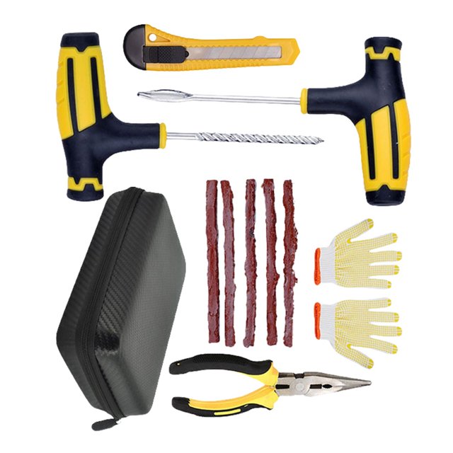 kits de reparación de neumáticos zulema 6 piezas de parches para reparación de áticos kit cenital con broca de enchufe y broca de rosca de acero con mangos negros y amarillos, seis tiras de parche de caucho, alicates de punta larga, par de guantes de trabajo amarillos y estuche negro rígido; a menudo usado como kit portátil para reparaciones de pinchazos de emergencia.