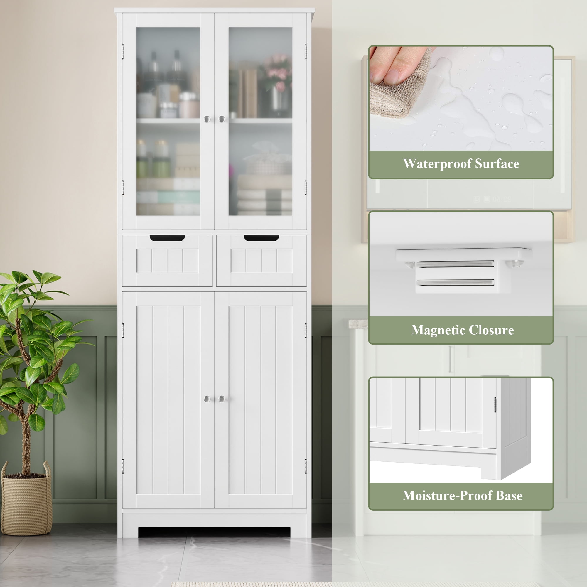 Homfa 4 Doors Bathroom Cabinet, 3-Tier Wood Tall Linen Storage Cabinet with 2 Drawers for Living Room Office, White