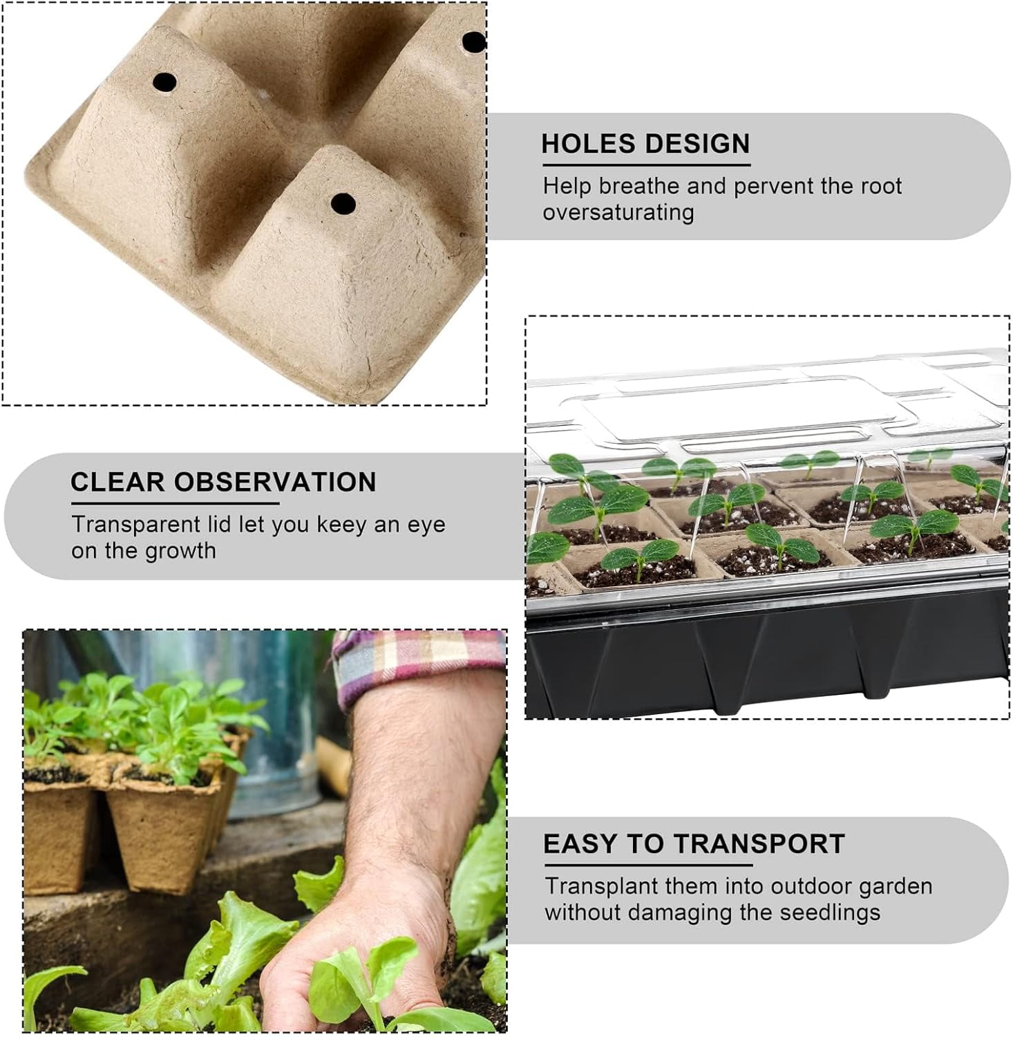 Seed Starter Kit Including Seed Starter Tray Peat Pots with Plant Labels, Tool, Plastic Growing Trays Germination Tray Paper Seedling Cups for Indoor Outdoor Garden