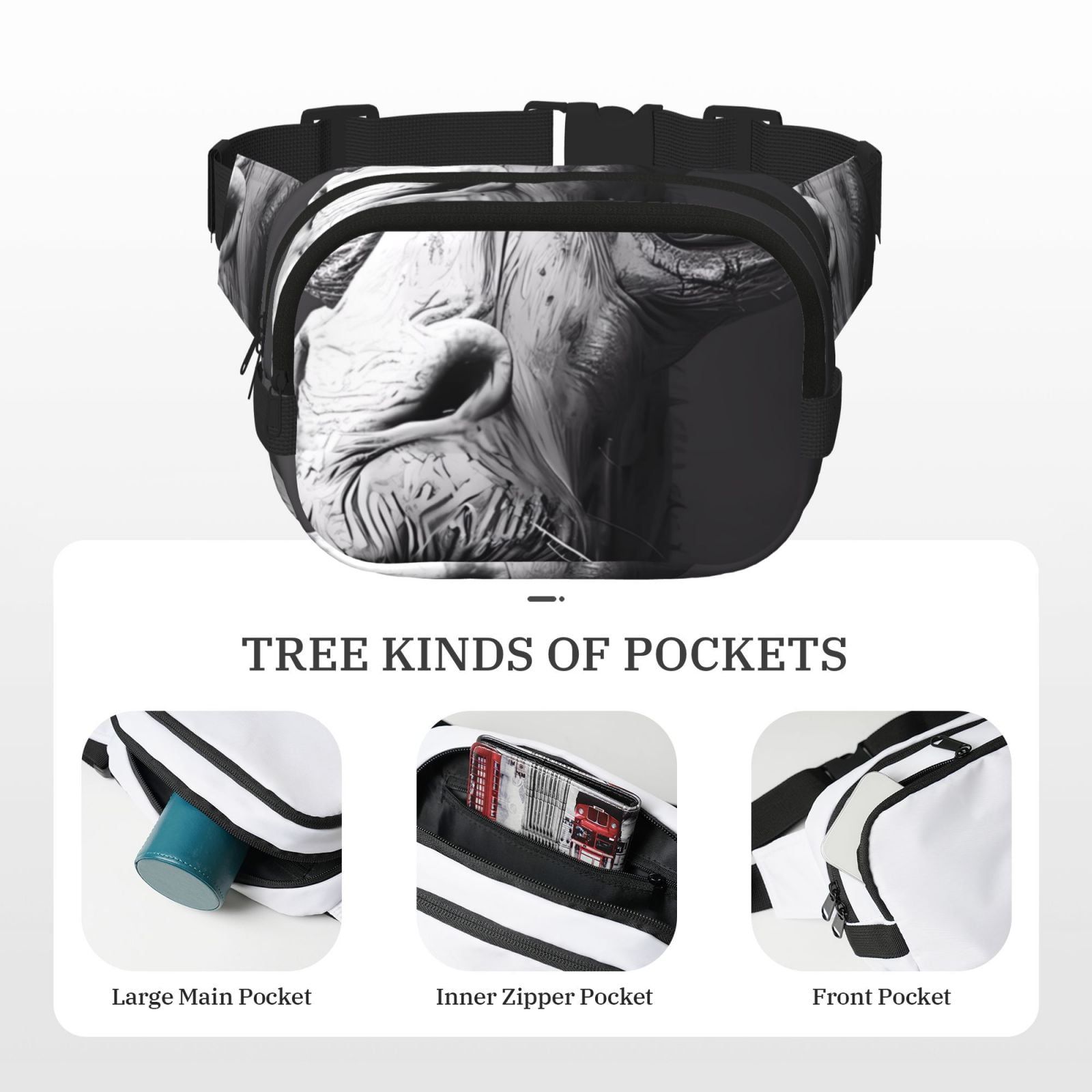 Picia Monochrome Giraffe Expression Print Square Double-Layer Waist Bag Mini Adjustable Waist Belt Bag Exercise Running Travel Hiking
