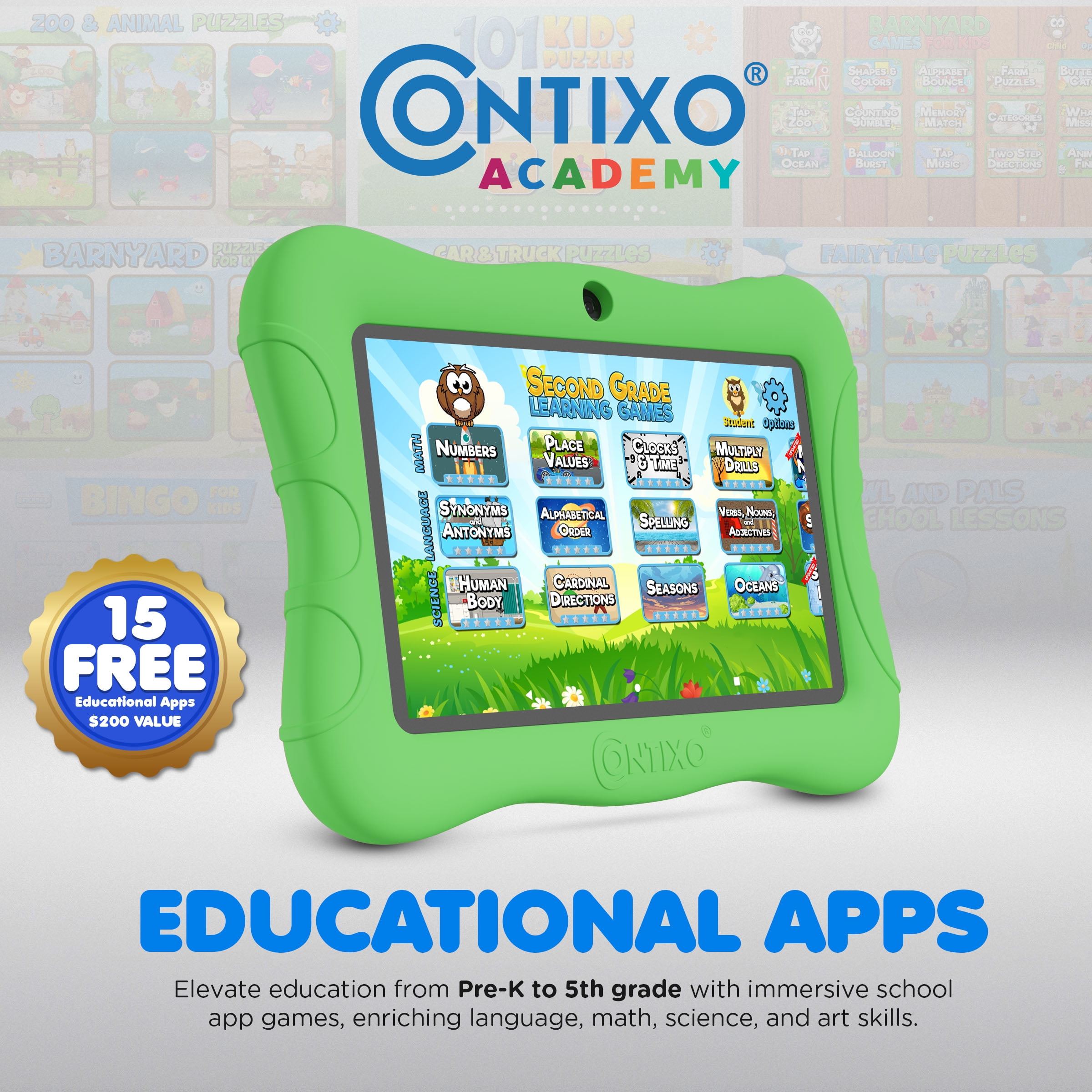 Contixo 7-Inch Kids Tablets Bundle, Educational Android Tablet with Headphones and Carrying Sleeve, Green