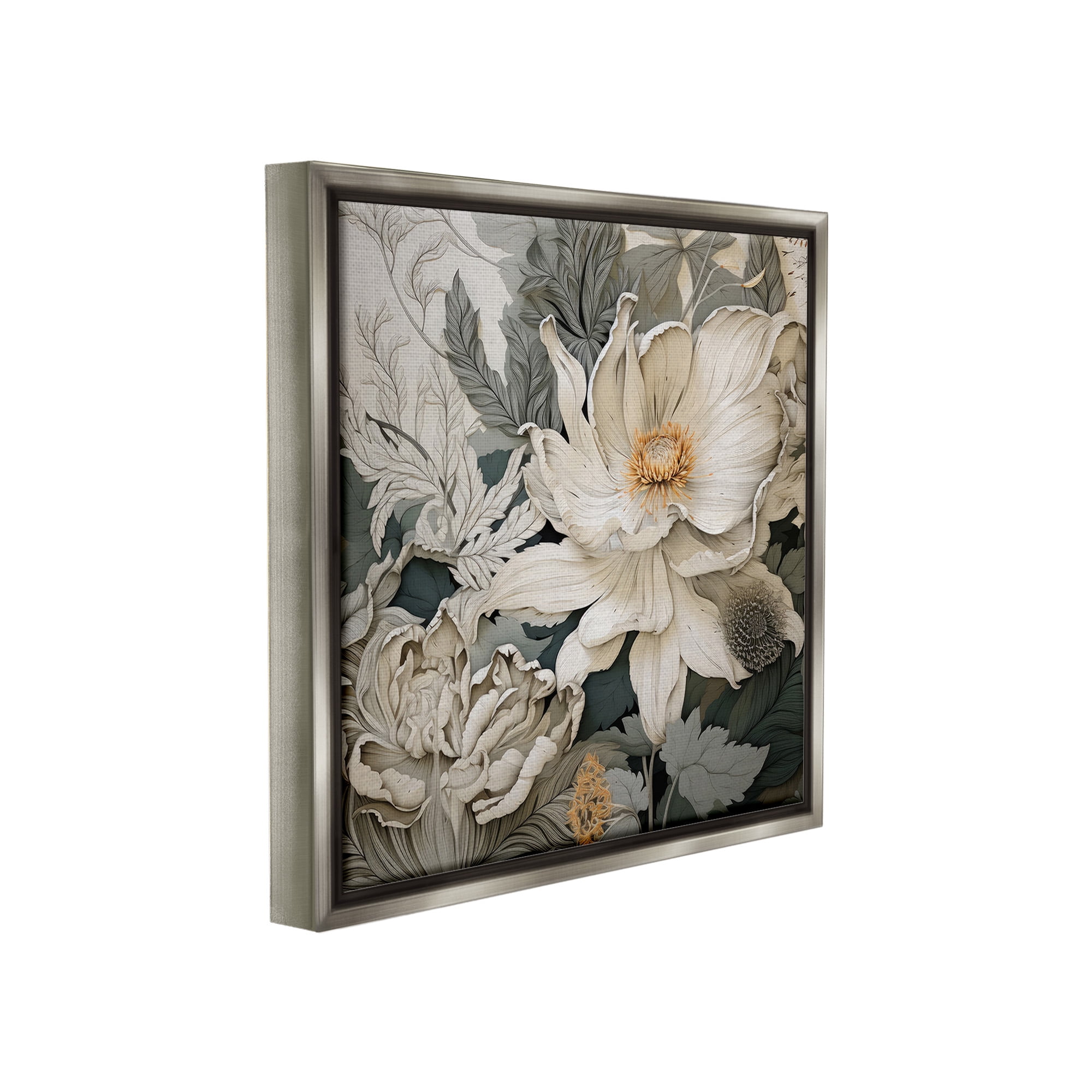 Stupell Industries Vintage Curling Petals Botanical & Floral Painting Gray Floater Framed Canvas Art Print Wall Art, 25 x 25
