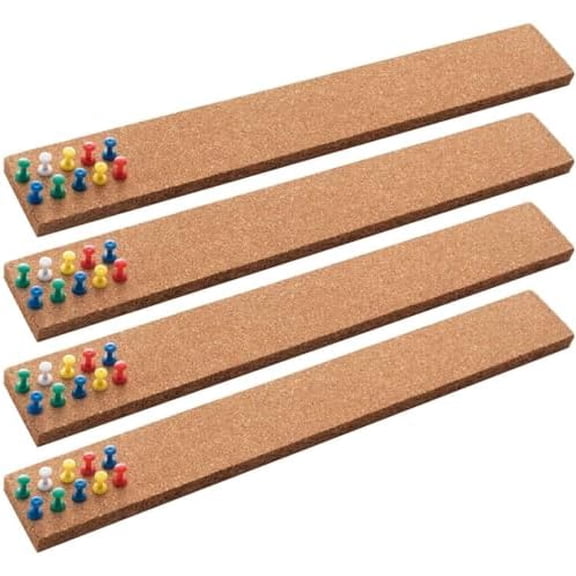 Koldwater Cork Board Bulletin Board Bar Strip 15x2 Inch - 1/2 Inch Thick, Frameless Cork Board Strips with 50 Multi-Color Push Pins, Strong Self Adhesive Backing - 4 Pack