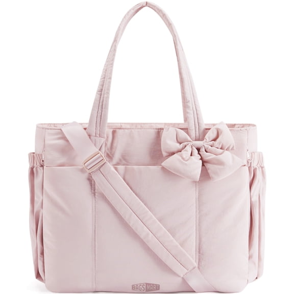 BAGSMART Crush Tote Bag for Women, Puffer Crossbody Laptop Bag for 15.6", Quilted Shoulder Bag with Compartments, Pink