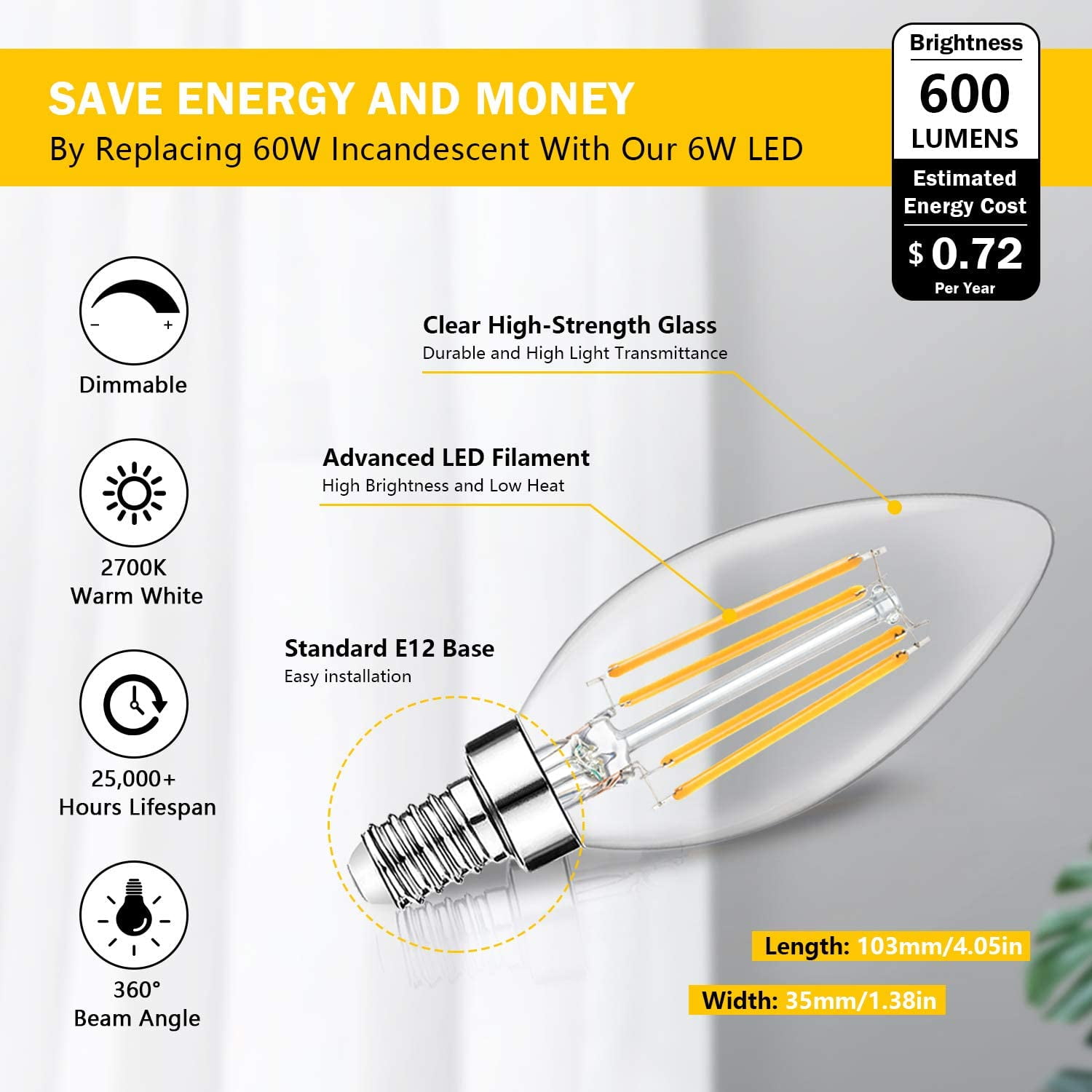 12-Pack Dimmable E12 LED Candelabra Bulbs 60W Equivalent, 2700K Soft Warm White, 600 Lumens B11 Candle Base 6W C35 LED Filament Vintage Light Bulbs, Clear Glass for Chandelier Ceiling Fan High CRI