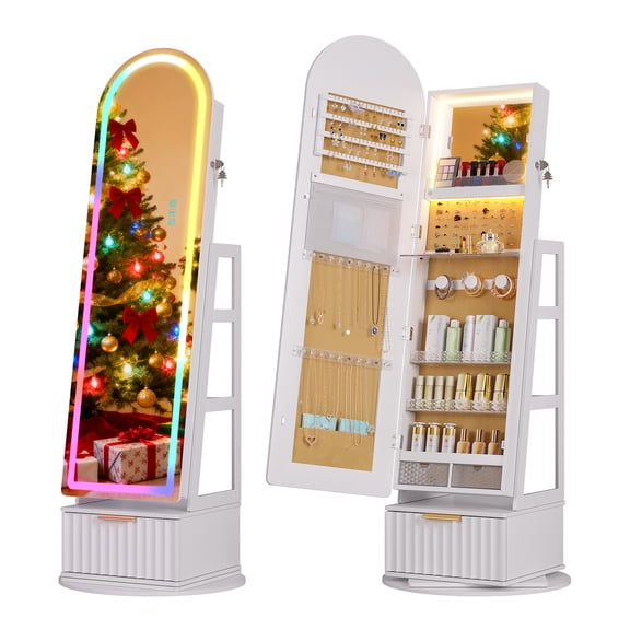 VKCC Arched Jewelry Cabinet with RGB Full-Length Mirror and Storage,360° Swivel Standing Jewelry Armoire,White