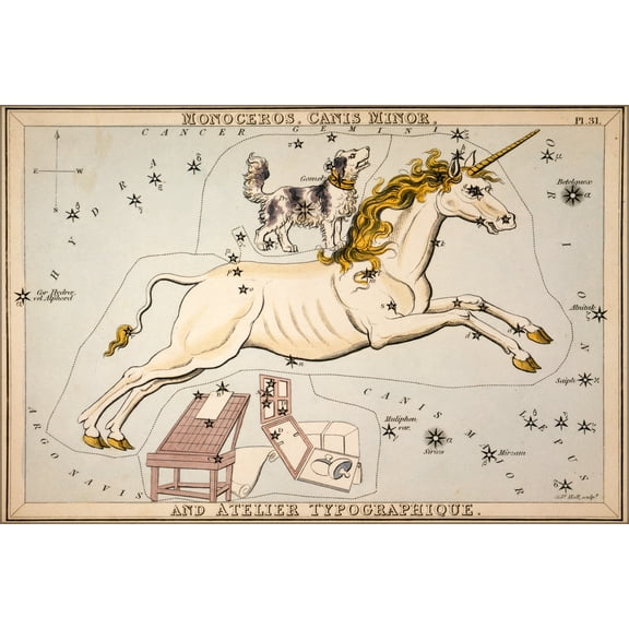 24"x36" Gallery Poster, Monoceros, Canis Minor, astronomy astrology constellation map 1825