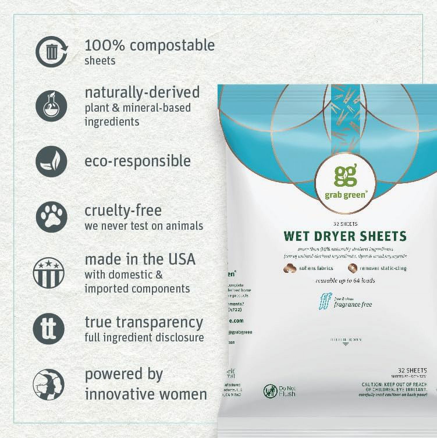 Wet Dryer Sheets, 96 Count, Fragrance Free, Plant Based, Softens Fabrics, Reduces Static Cling and Wrinkles