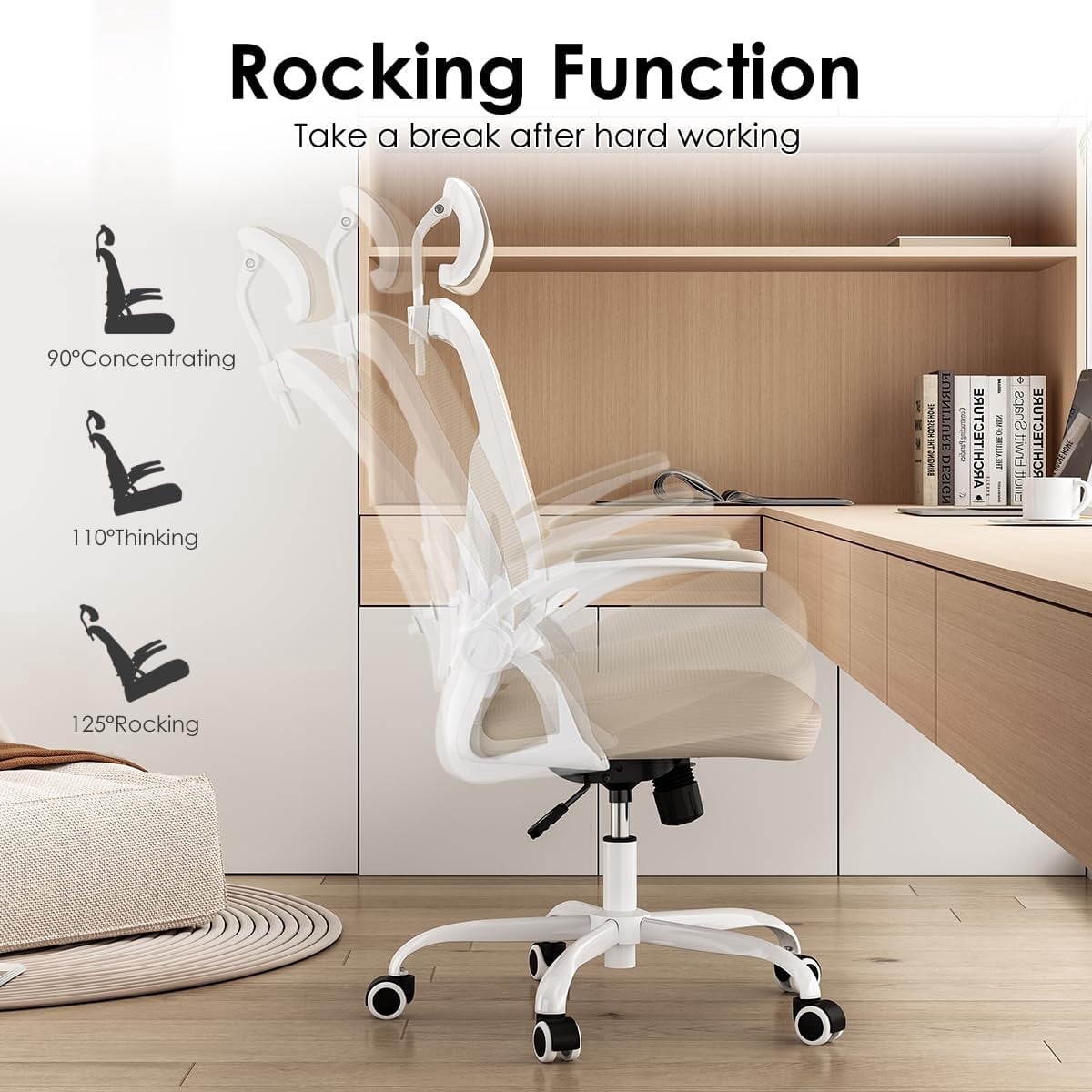 STARY Ergonomic Mesh Office Chair with Headrest, Tall Reclining Computer Chair with Adjustable Lumbar Support and Adjustable Arms for Home Office, White & Khaki