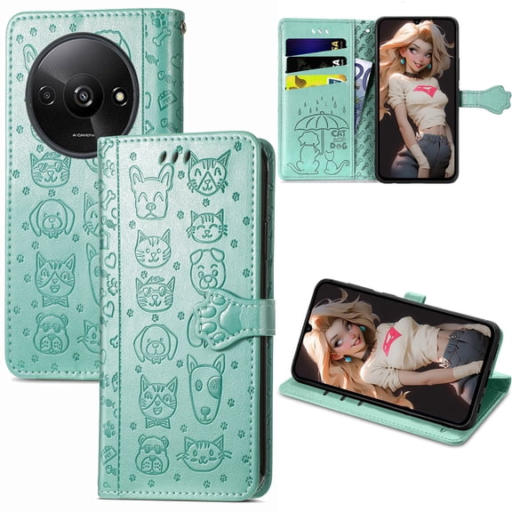 CCSmall for Xiaomi Redmi A3 Wallet Case with Card Holder for Women, Cute Cat Dog Cartoon Style PU Leather Flip Phone Cover Case with Kickstand for Redmi A3 MG Green