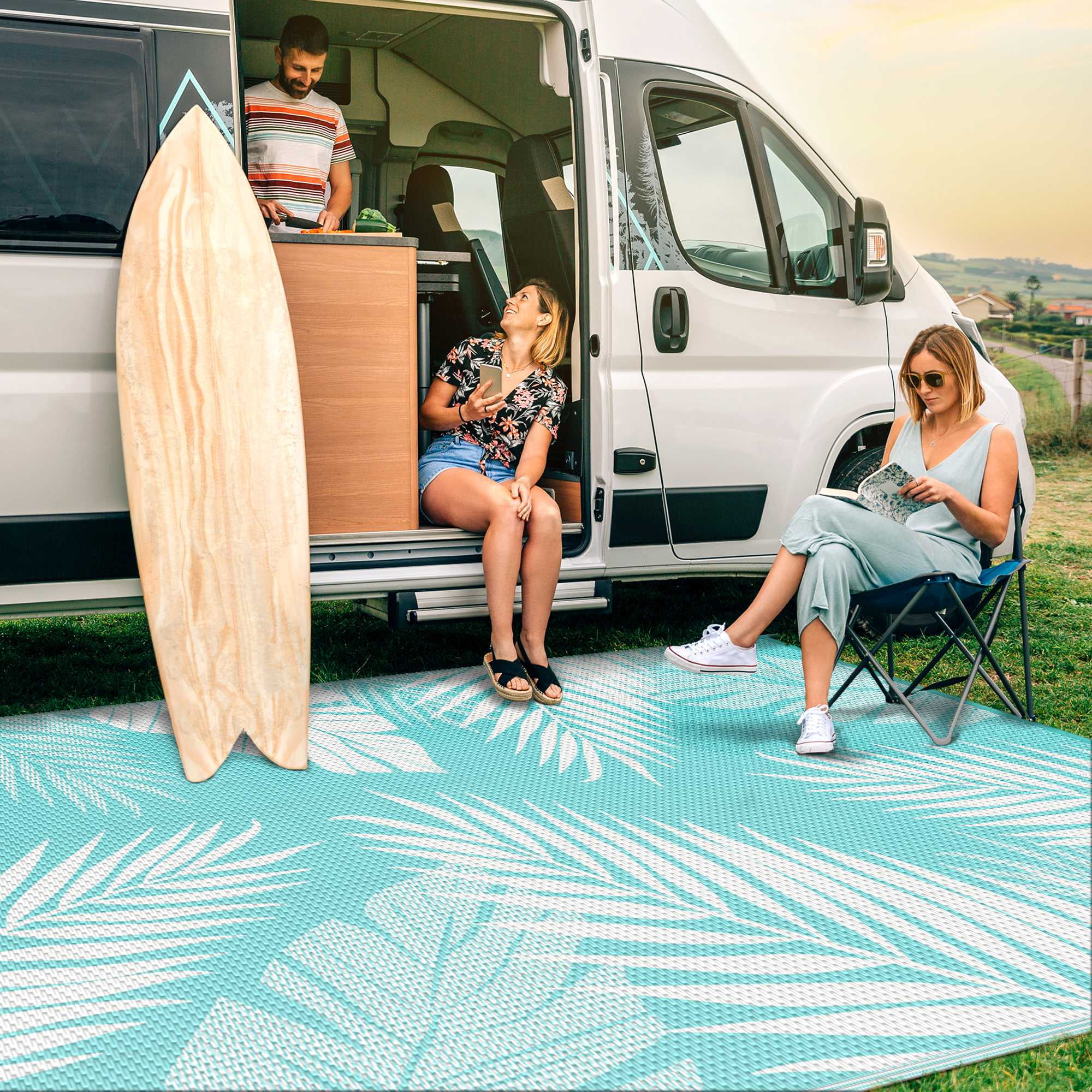 DEORAB Outdoor Rug 8'x10' Waterproof Reversible Patio Rug Portable Plastic Straw Outside Carprt for Beach Garden RV Camping Porch Deck Backyard, Aquablue & White