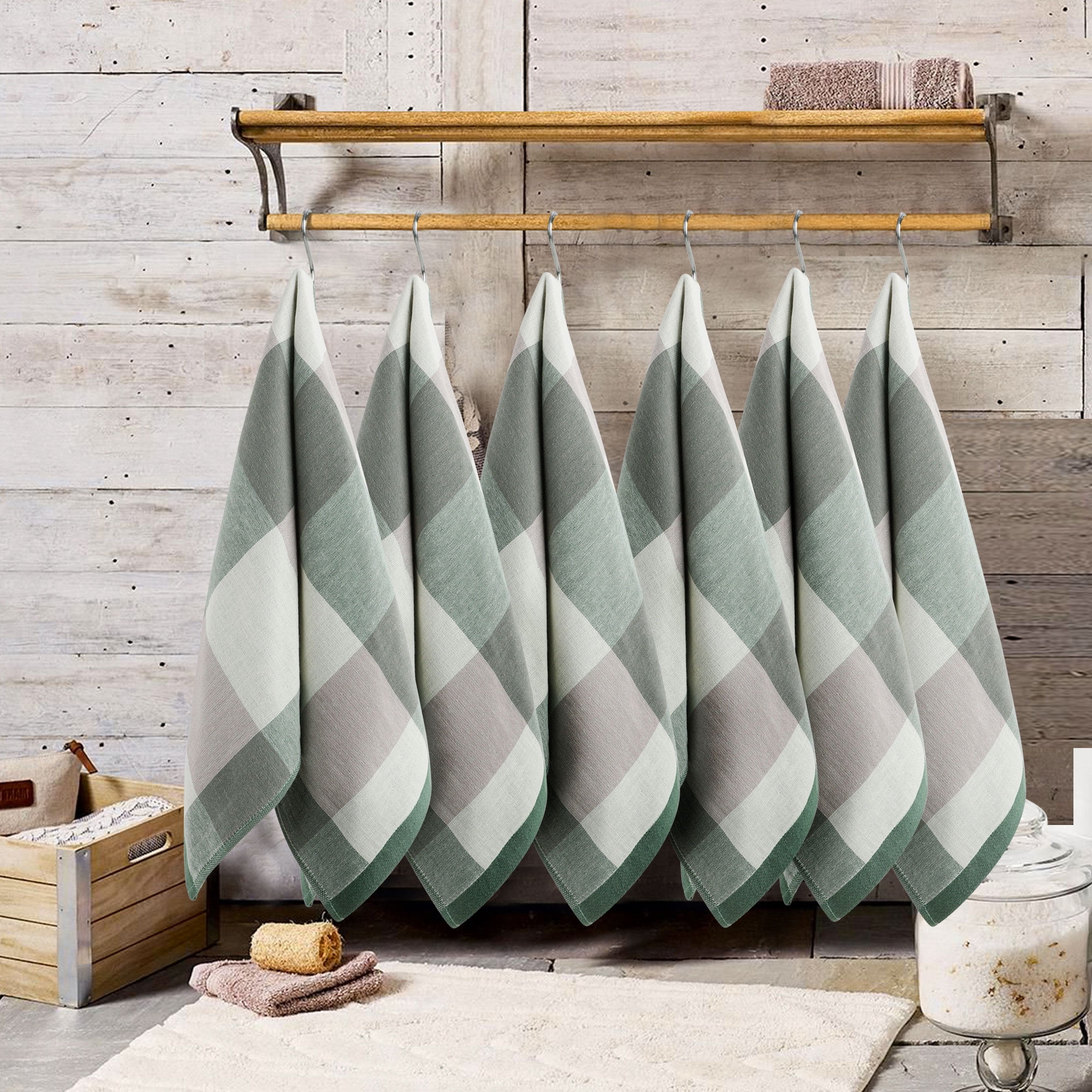 PiccoCasa 6 Pack 100% Cotton Kitchen Dish Towel 13" x 29" Green Plaid