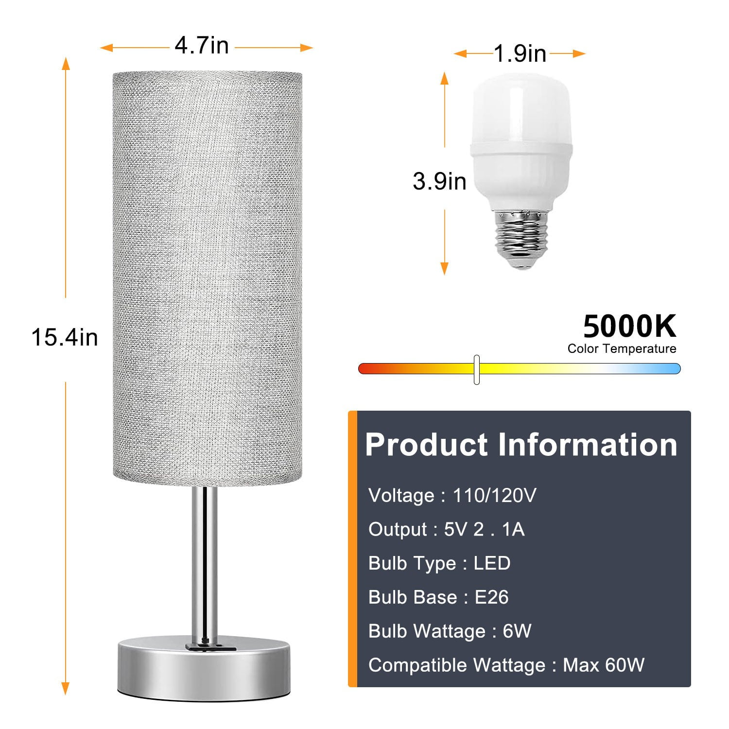 HadinEEon Table Lamp, 3 Way Dimmable Light Touch Lamp, USB C&A Fast Charging Ports, Fabric Shade Silver Base Lamp, for Bedroom, Living Room, Office, Dorm
