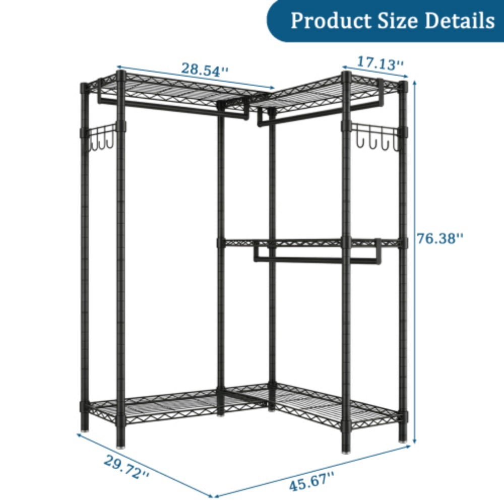 L-Shaped Garment Rack for Corner, Heavy Duty Clothes Rack with 5 Adjustable Shelves, 3 Hanging Rods & Side Hooks, Freestanding Clothing Organizer, Black