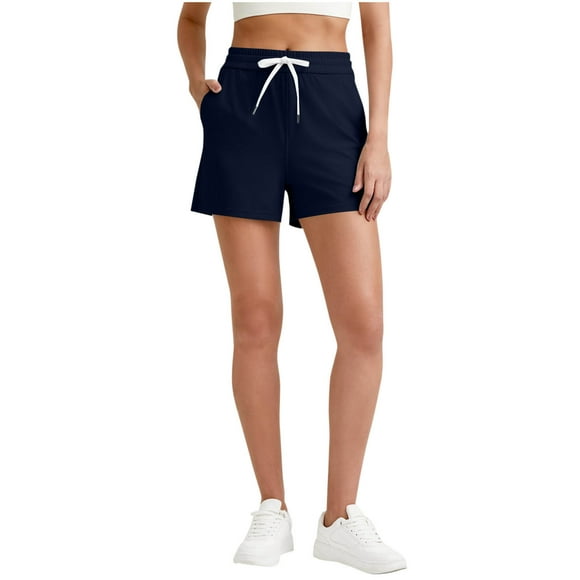 Women's Ribber Knit Shorts, Loose Casual Loungewear Summer Short Pants, Drawstring Elastic Waist Stretchy Comfy Beach Shorts with Pockets Dark Blue M