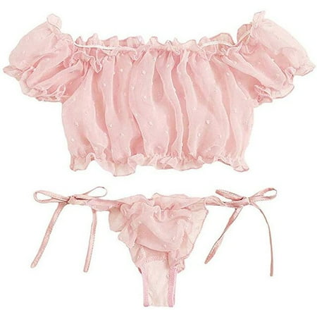 

Two Pieces Nightwear Set Sexy Off Shoulder Ruffles Crop Top Trim Lace Up Lingerie Set Bra and Panty For Sexy Women Clothes