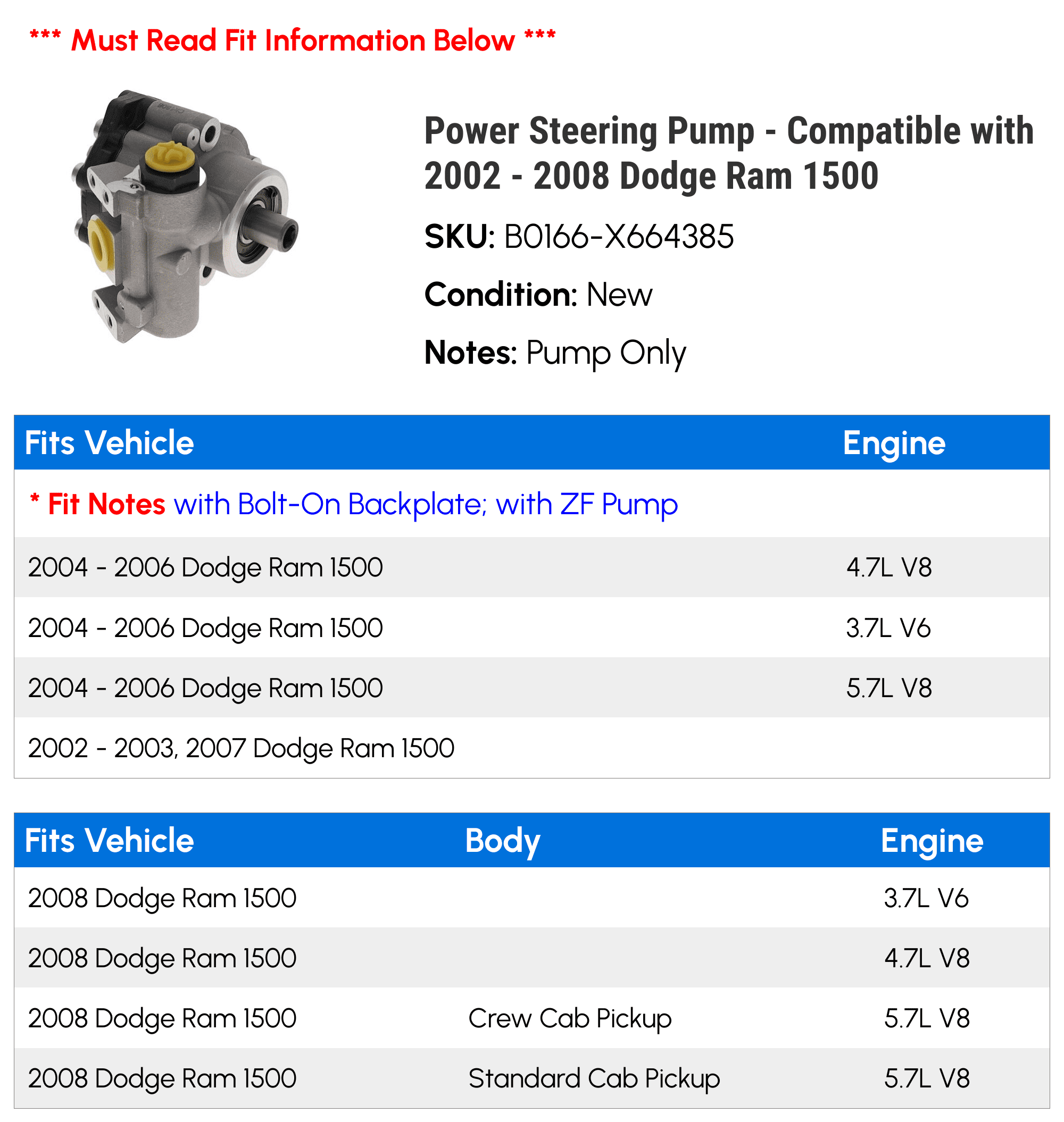 Power Steering Pump - Compatible with 2002 - 2008 Dodge Ram 1500 2003 2004 2005 2006 2007