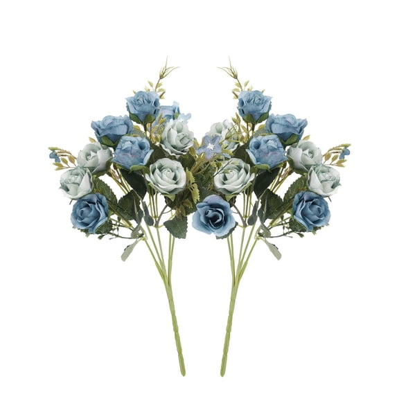 2 Bundles Blue Artificial Rose Flowers Wedding Flower Bouquet Realistic Flowers Faux Rose for Wedding Centerpieces Mother's Day
