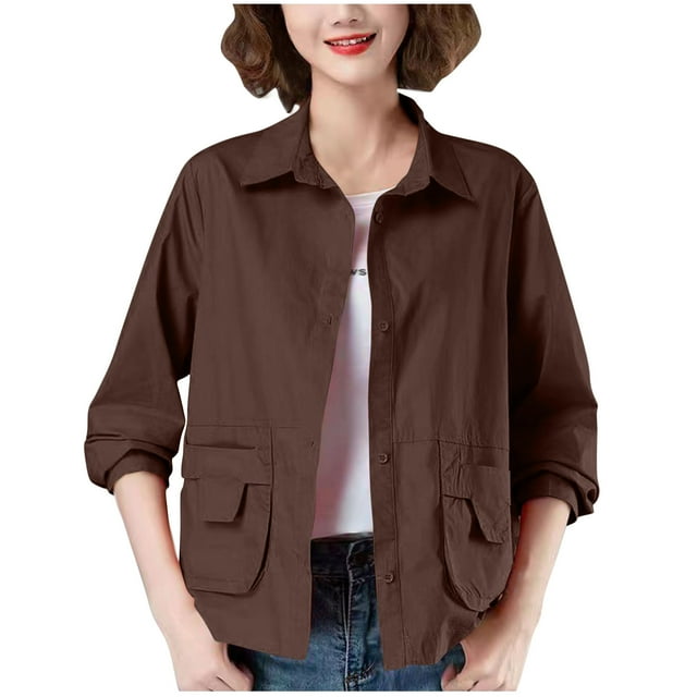 Women's Casual Loose Fit Solid Color Button Front Jacket Top Long Sleeve Shirt for Fall