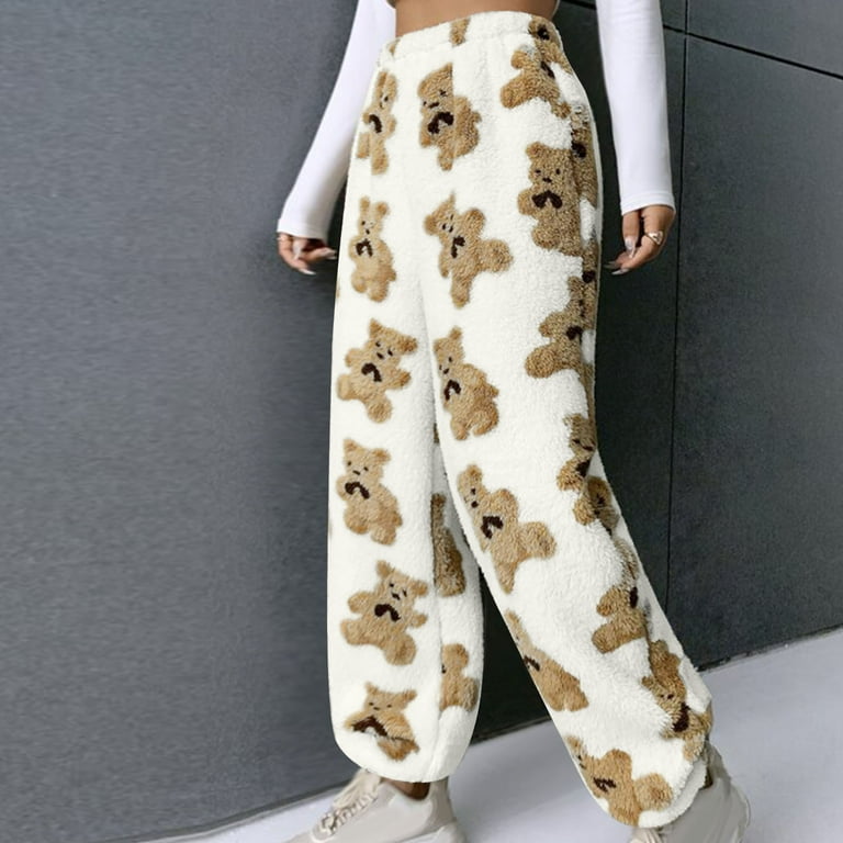 JWZUY Women's Winter Cute Bear Printed Wool Fleece Trousers Cute Teddy  Pants Casual Jogger Lounge Pant Warm Fuzzy Pants White M