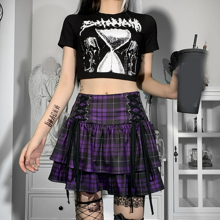 GENEMA Women Gothic High Waist Double Layer Plaid Mini GENEMA Women Gothic High Waist Double Layer Plaid Mini