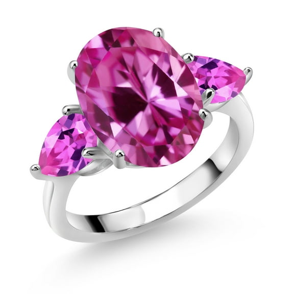 Gem Stone King 925 Sterling Silver Pink Created Sapphire Ring for Women (8.00 Cttw, 14X10MM Oval and 7X5MM Pear Shape, Gemstone September Birthstone, Size 8)