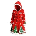 thumbnail image 4 of Women’s Sherpa Lined Christmas Coat Hooded Winter Jacket Fleece Thicken Long Sleeve with Faux Fur Collar Toggle Buttons Relaxed Fit Holiday Print Outerwear,Red,S, 4 of 5