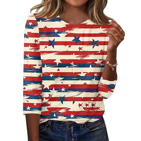 Sewkxo Tshirt for Women Plus Size 250th Anniversary American Flag Printed 3/4 Sleeve Round Neck Pullover Tops Spring Summer Baggy Fit Casual T Shirts,Beige 2XL