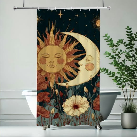 RKSupls Christmas Shower Curtain, Boho Sun Moon Shower Curtain with Hooks for Christmas Home Bathroom Decor Washable Curtains, 36x72 in