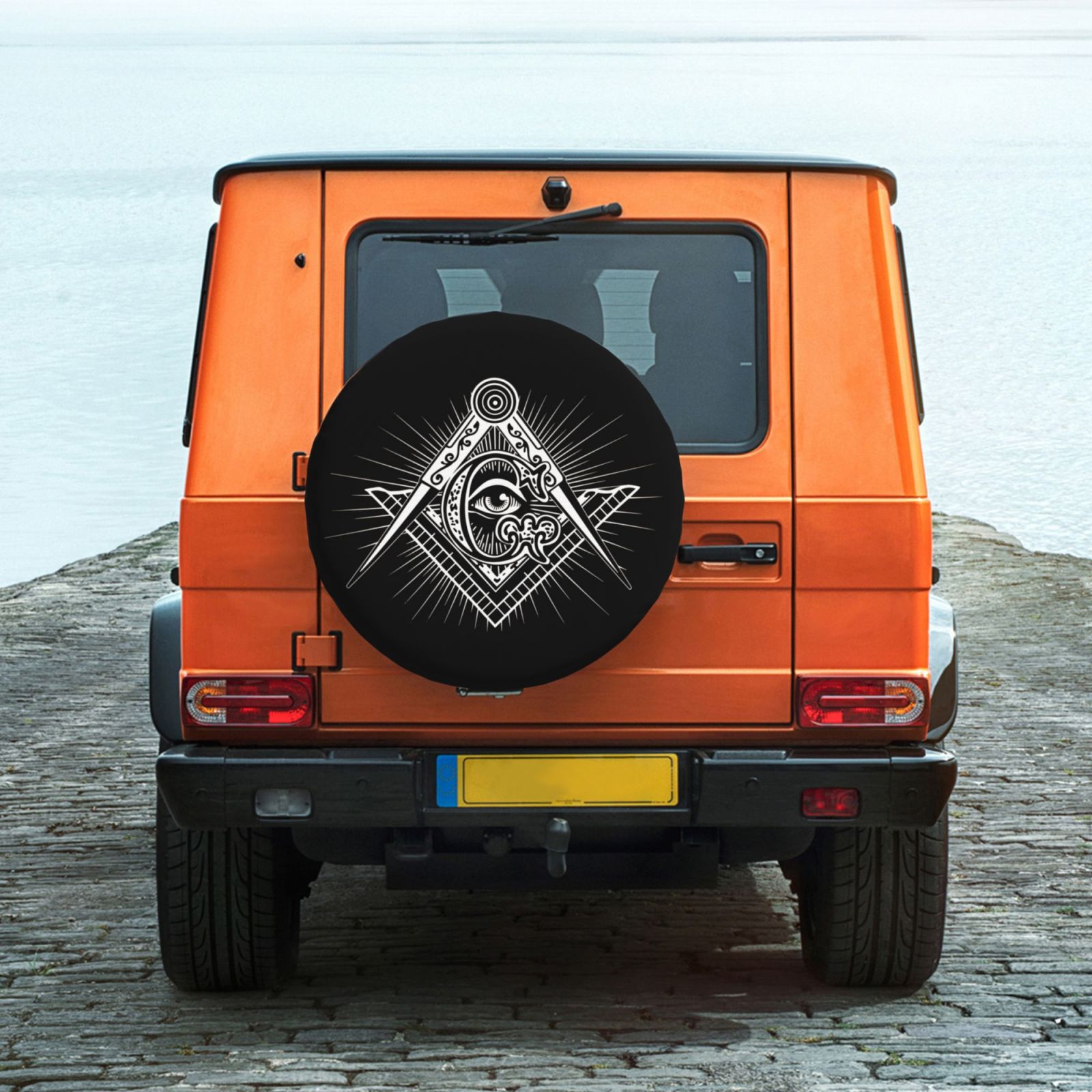 DouZhe Waterproof Spare Tire Cover, Mason Masonic Brothers Prints  Adjustable Wheel Covers Fit for Jeep Trailer RV SUV Car, 16 inch 