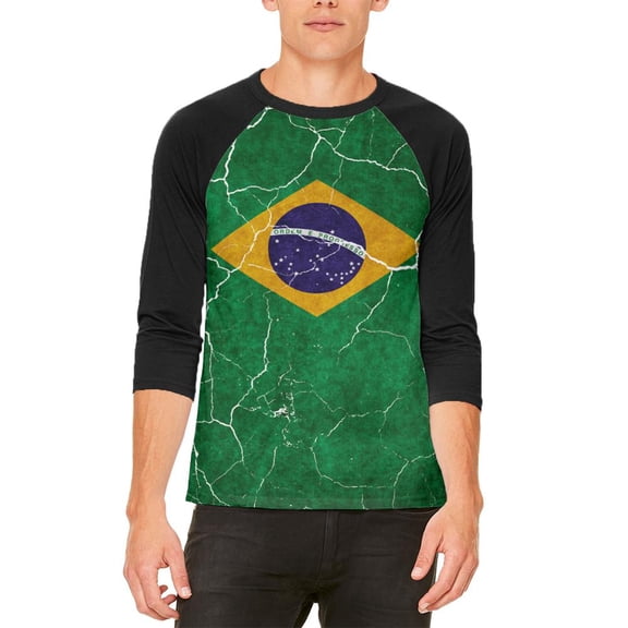 Distressed Brazilian Flag Mens Raglan T Shirt White-Black LG