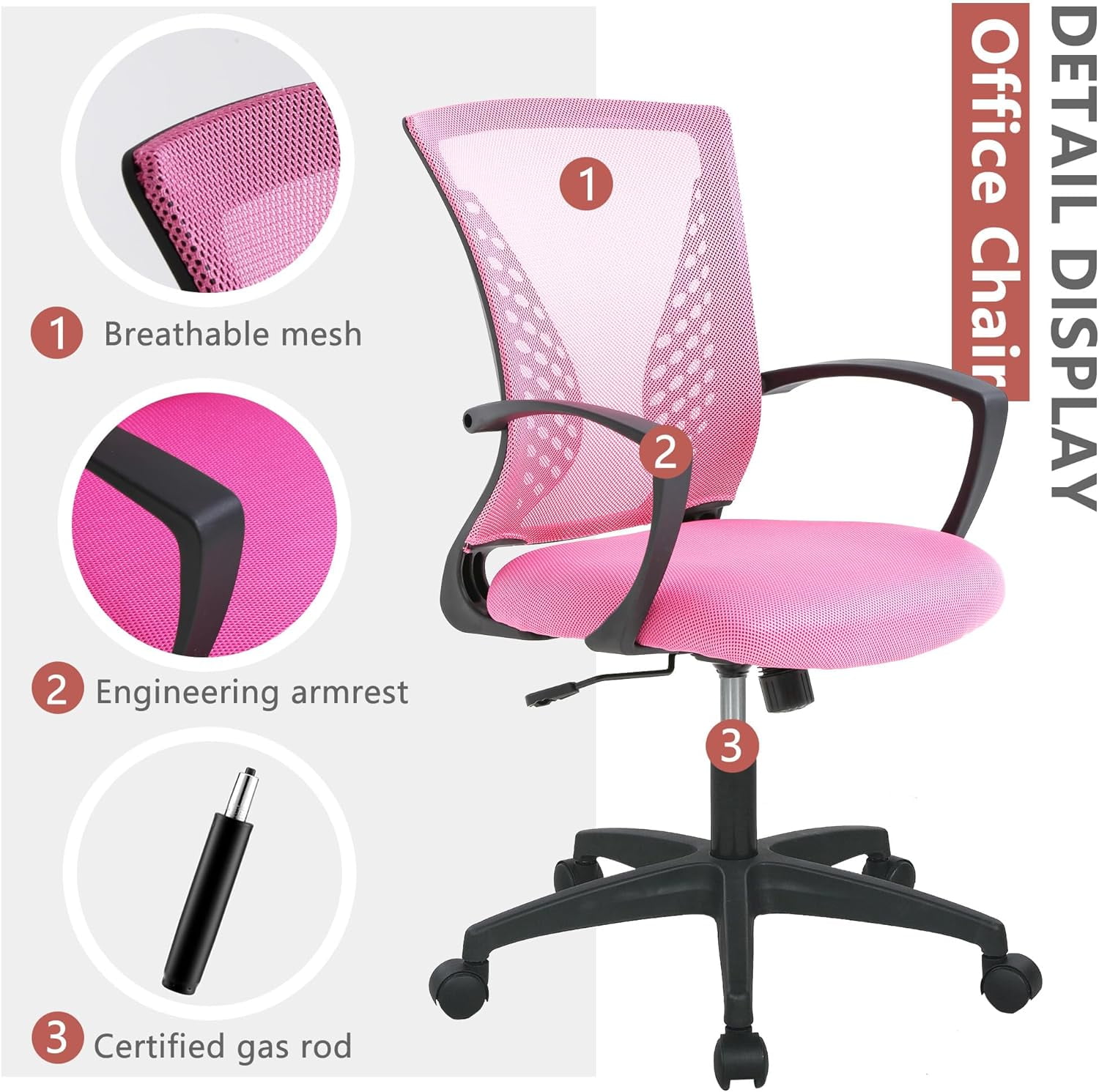 YRLLENSDAN Mesh Office Chair with Wheels Conference Room Chair Mesh Computer Chair for Adults 250lb Rolling Desk Chair with Arms Study Chair Adjustable Height,Pink