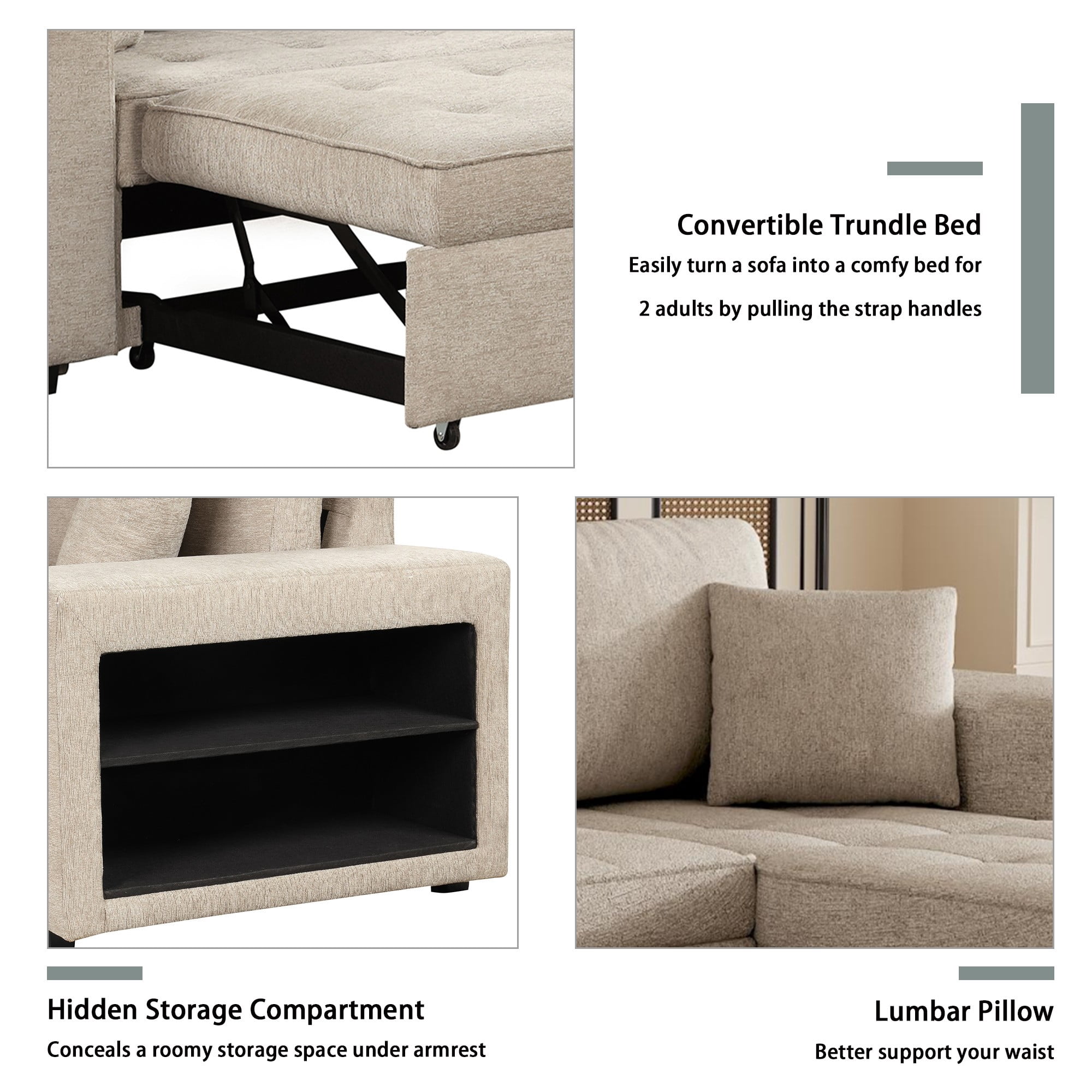 104.5" 3 Seat Reversible Sectional Couch, L-Shape Modern Pull Out Sleeper Sofa with Storage Chaise and 2 Stools for Living Room,khaki