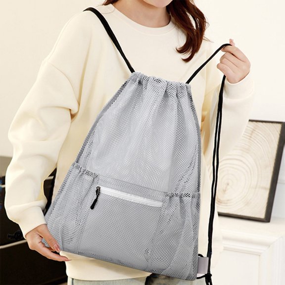 Uandlove Drawstring Backpack Polyester Large Capacity - Fits Size 7 Basketball, Breathable Mesh, Comfortable Straps for Sports Gym Hiking Beach College Stu-dent, Gray 49x41cm