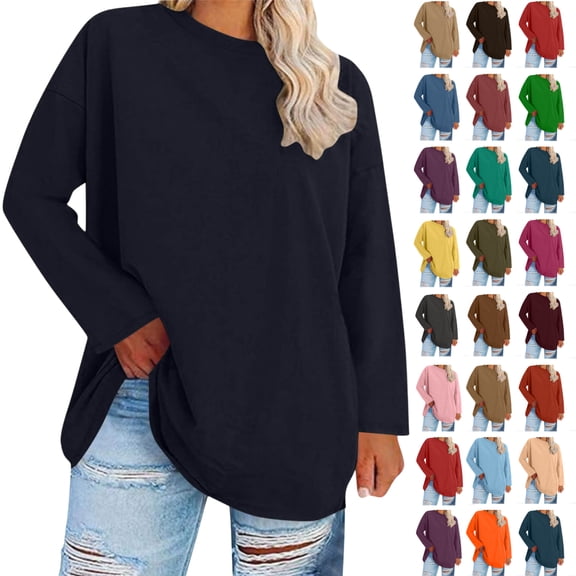 Women's Fashion Loose Casual Long Sleeve T-Shirt Round Neck Plus Size Top,Dark Blue_3XL