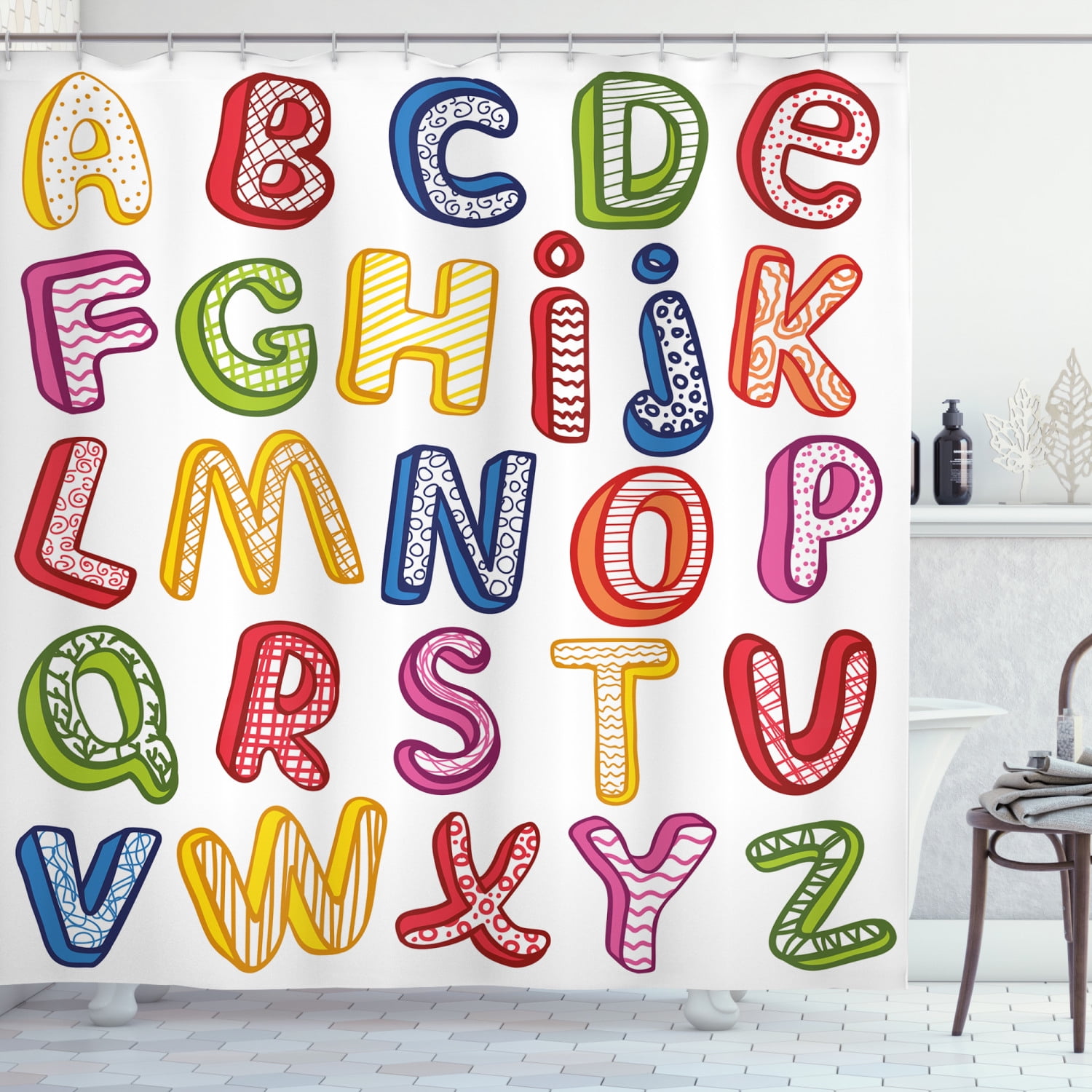 Educational Shower Curtain, Hand Drawn Colorful 3D Style ABC Letters with Kids Patterns Joyful Fun Design, Fabric Bathroom Set with Hooks, 69W X 75L Inches Long, Multicolor, by Ambesonne