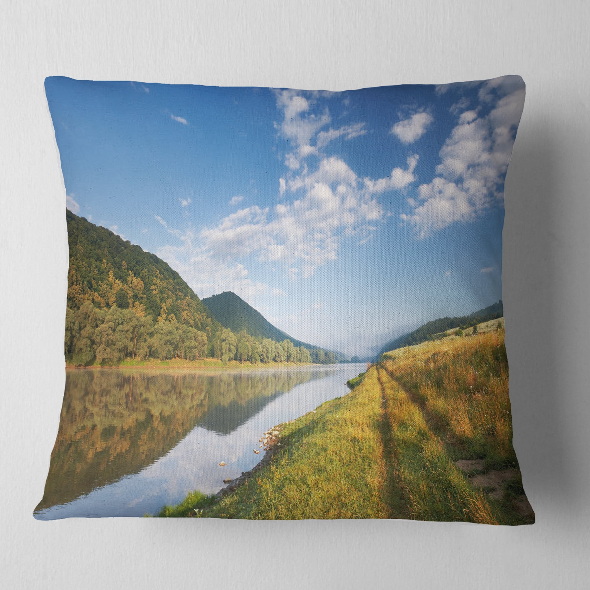 Designart Mountain River under Blue Sky - Landscape Photography Throw Pillow - 18x18