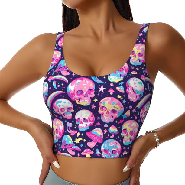 Balery Skull mushroom colorful cute Sujetadores deportivos con espalda cruzada para mujer, acolchados, sin costuras, de alto impacto, ideales para yoga, gimnasio, entrenamiento y fitness.-Medium