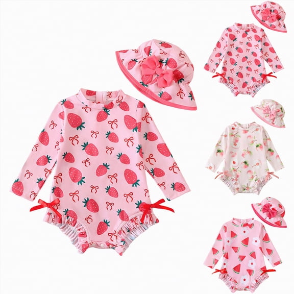 YDFCWXW Infant Baby Swimsuit Girl Long Sleeve UPF 50 Sun Protection One-Piece Rash Guard with Hat Zipper Bathing Suit (Hot Pink, 12-18 Months)