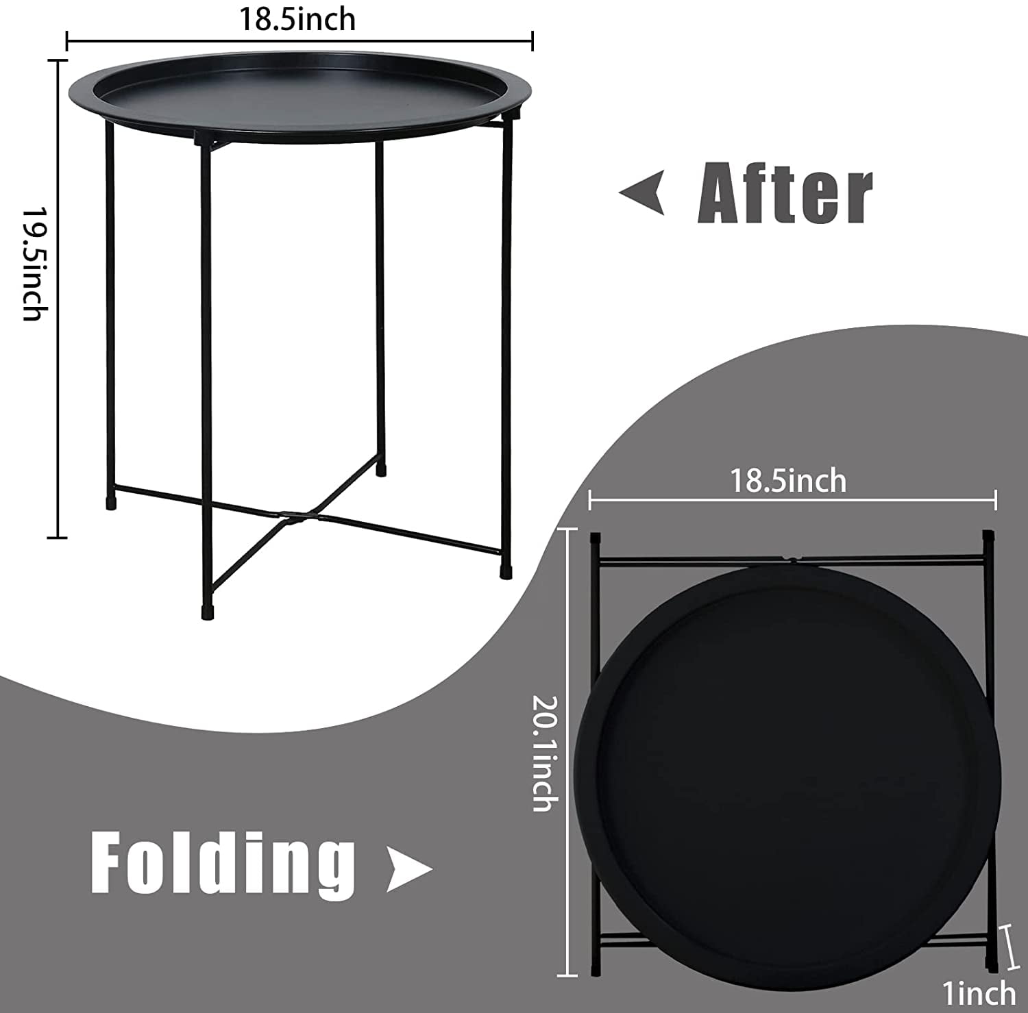 Folding Tray Metal Side Table Round End Table, Black Sofa Small Accent Fold-able Table, Round End Table Tray, Next to Sofa Table, Snack Table for Living Room and Bed Room Garden 4 you