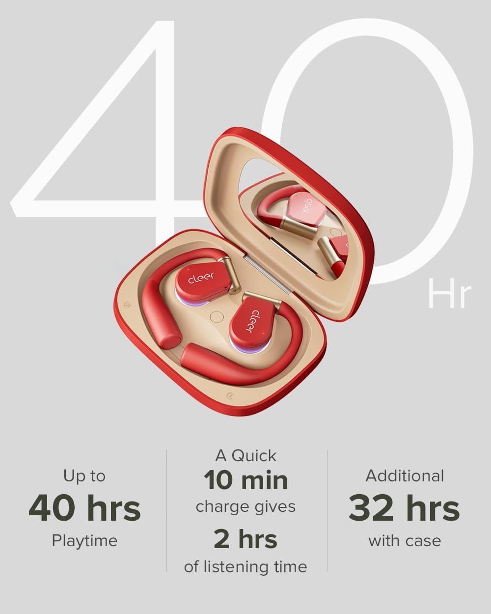 Cleer Arc3 Sports Pro Open Ear Headphones, Dolby Audio True Wireless,40Hr Battery, BT 5.4, IPX7, Heart Rate Monitoring, Smart Case, Comfort Fit, Red