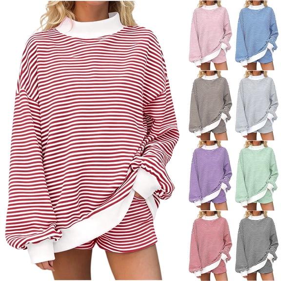 Ihhxva Women's Knit Tops Oversized Striped Sweater Soft Winter Pullover Relaxed Mock Neck Top Chunky Casual Long Sleeve Cozy Tunic Blouse for Holiday S-5XL